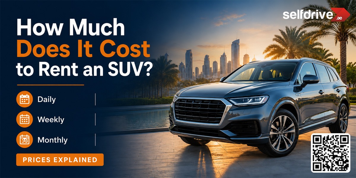 A silver SUV parked on a reflective surface with a city skyline and palm trees in the background. Text on the left asks, "How Much Does It Cost to Rent an SUV?" and provides options for daily, weekly, and monthly rentals with a QR code.